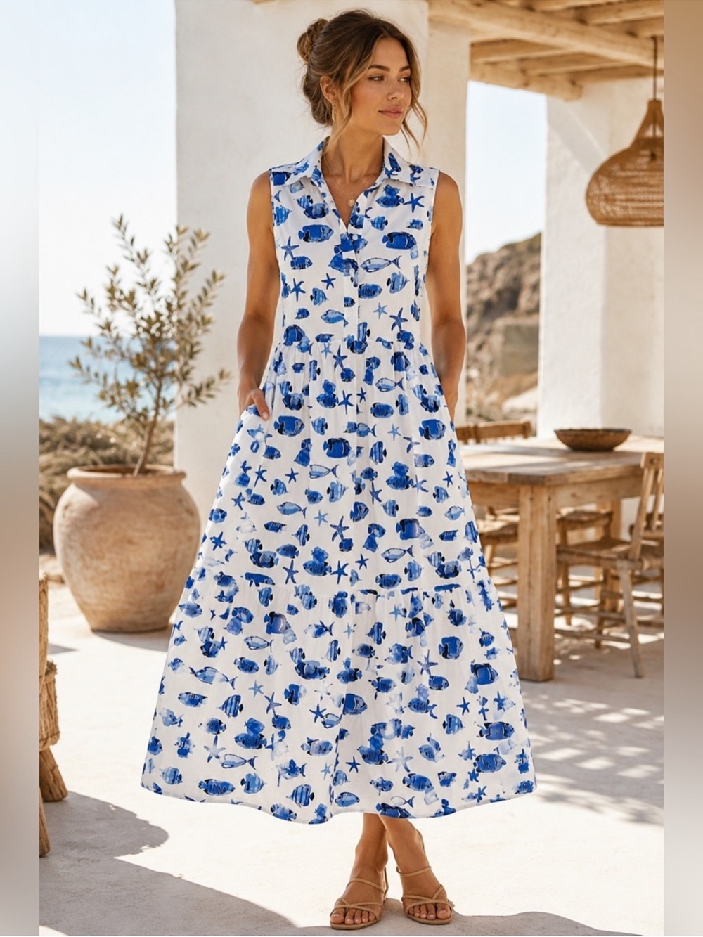 Rachel Zoe White Midi Dress with Blue Fish Print Cruise